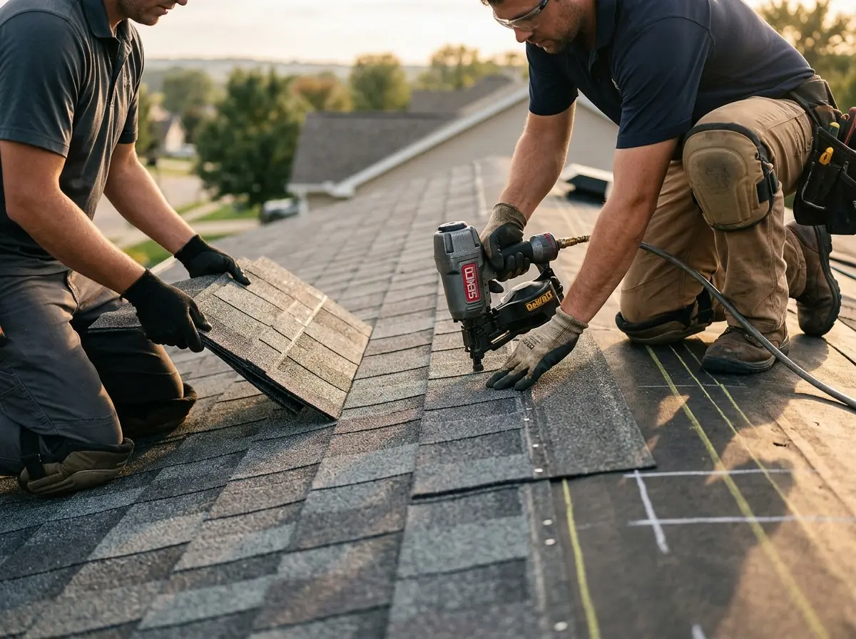 Professional roofer working on a residential roof in Newport